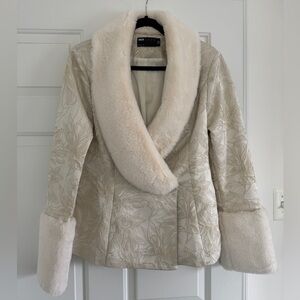 ASOS Luxe jacquard blazer with faux fur trim in cream.